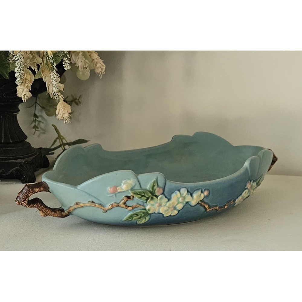 Roseville Blue Apple Blossom Console Bowl 333-14